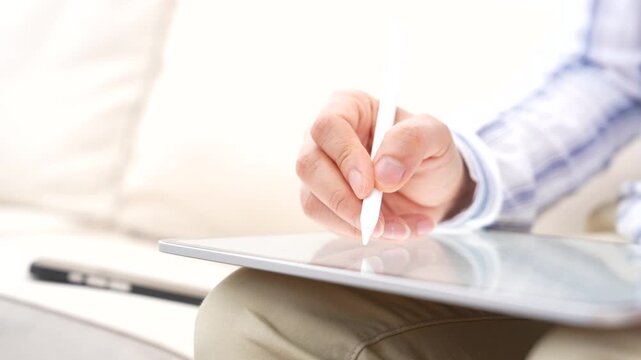 Tablet Stylus And Hand Writing On Digital Screen At Home, Electronic Signature, Online Document, Paperless Workflow, Remote Work, Note Taking, Business Technology And Mobile Productivity
