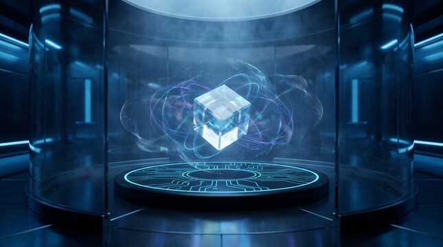 Futuristic Data Cube Hovering Inside a High Tech Digital Laboratory Research Chamber