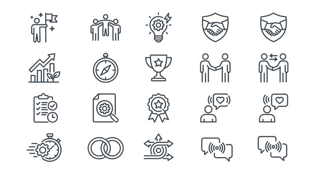 Business core values line icons, set of 20 vector symbols for corporate culture and leadership, professional partnership and success outline graphics