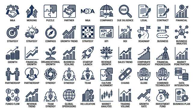 Business strategy and M&A icon set, 50 corporate growth and financial merger vector symbols, professional black line icons for data analysis