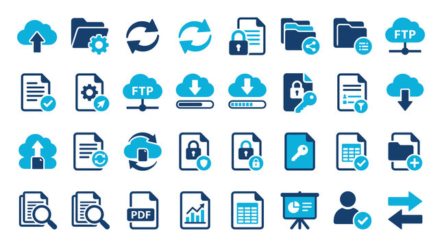 Cloud computing and data management icon set, 32 flat vector icons for file storage and ftp transfer, blue digital security and document symbols