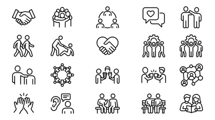 Obraz premium Minimalist business teamwork icons set, 20 professional line art symbols for collaboration and partnership, black outline human connection and support vector graphics for corporate web design
