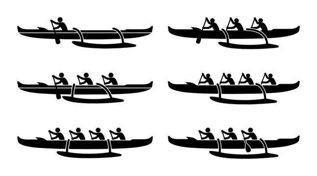 Outrigger Canoe Racing Silhouettes, Polynesian Water Sports, Traditional Hawaiian Canoes, Team Paddling Action, Vector Set