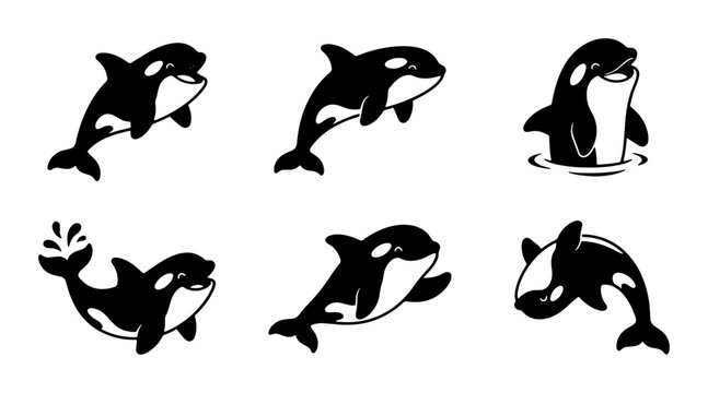 Orca Whale Vector Icons Set: Playful Killer Whales in Diverse Aquatic Poses, Marine Mammal Graphics for Ocean Life and Wildlife Designs
