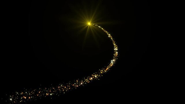 Golden glitter comet light tail with sparkling fairy dust, glowing golden particles flare, magical twinkling stars, luxury bokeh shimmer on black background seamless 4K