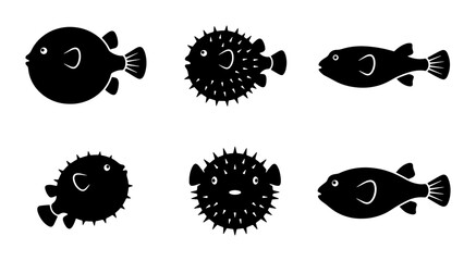 Pufferfish Silhouettes, Six Black Vector Icons of Inflated and Normal Fish, Marine Life Illustrations for Aquatic Designs © Shakil