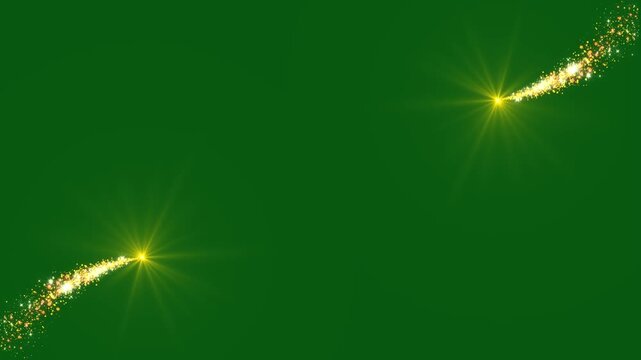 Golden glitter comet trace with sparkling light tail, glowing fairy dust, magical bokeh shimmer, luxury particle transition, bright glowing stars on green  background 4K