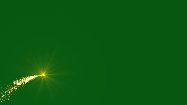 Golden glitter light tail with sparkling comet trace, glowing dust stream, magical star effects, luxury shimmer particles, bright glitter sparks on green  background 4K