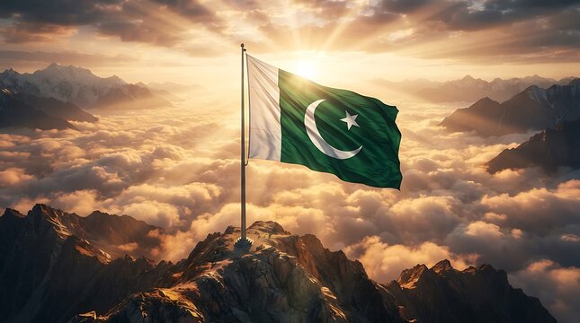 National flag of pakistan proudly waving on a flagpole atop a snowy mountain