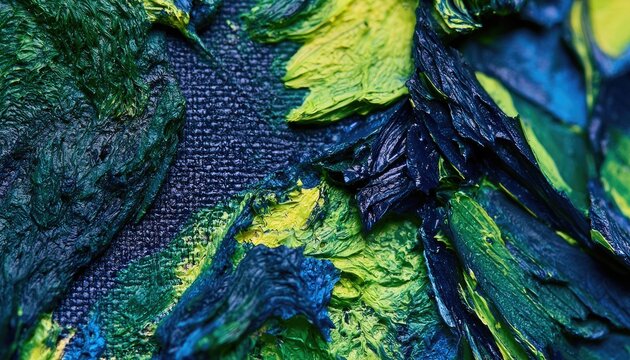 Abstract textured painting with vibrant blue and green hues.