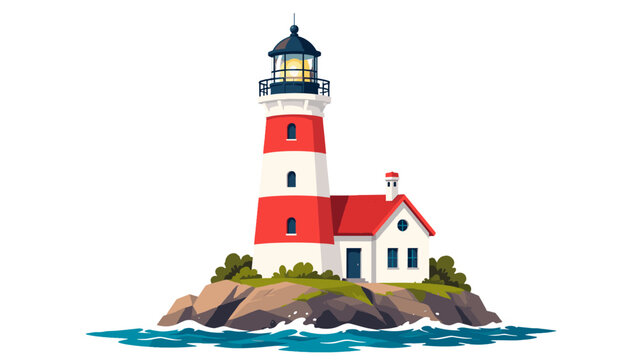 Striped lighthouse on rocky island with small coastal house