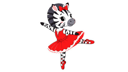 Obraz premium Cute zebra ballerina in red dress cartoon vector illustration