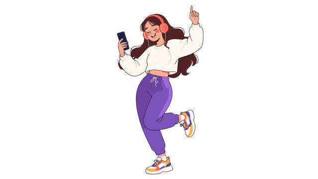 Young woman dancing with smartphone and headphones illustration