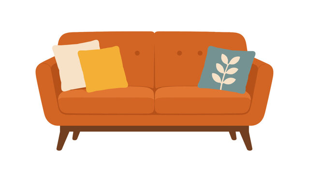 Orange couch with cushions in flat vector style
