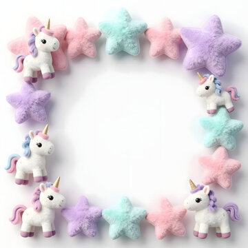 3D illustration square frame border with cute plush unicorns and pastel puffy stars, magical baby girl nursery empty template copy space
