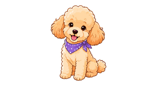 Cute fluffy poodle dog illustration with purple scarf