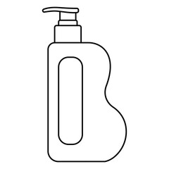 Obraz premium Simple black and white line art illustration of a pump dispenser bottle, isolated on a white background. Minimal liquid soap or lotion container suitable for skincare, cosmetics, hand wash, shampoo.