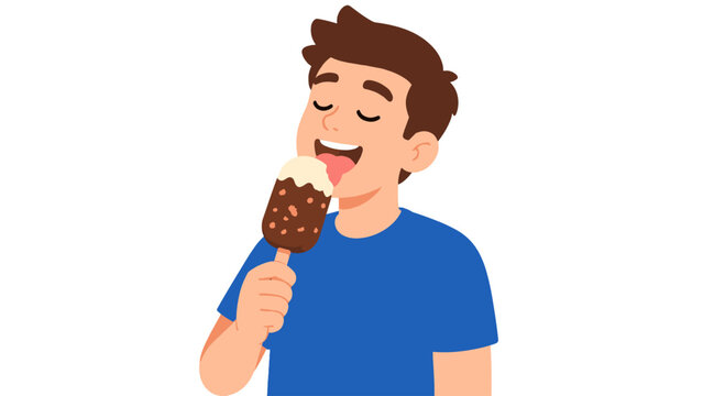 Young man licking chocolate coated ice cream bar illustration