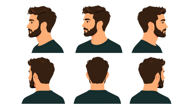 Bearded young man head profile set from side and back views