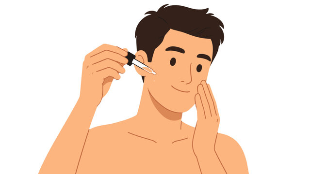 Man applying facial serum in a skin care routine illustration