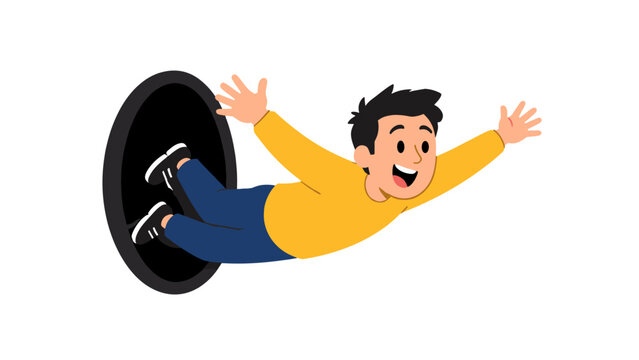 Cartoon man flying out of a dark portal on white background