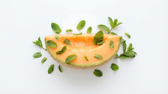 Fresh slice of sweet cantaloupe melon garnished with fresh green mint leaves isolated on white