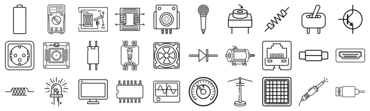 Electronic components line icon set for engineering and technology