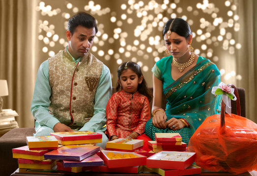 upset family sitting on a sofa with presents on diwali
