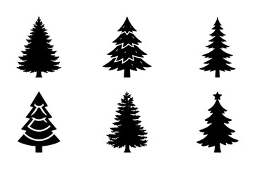 Obraz premium Set of Six Black Silhouette Christmas Trees, Festive Evergreen Vector Icons for Holiday Design, Winter Season Graphics