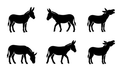 Obraz premium Six Silhouette Donkey Icons, Farm Animal Vector Set, Rural Livestock Graphics, Equine Mammal Illustrations for Agricultural Concepts