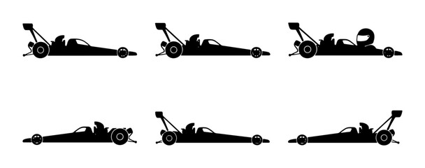 Obraz premium Formula 1 Racing Car Icons, Speeding Vehicle Silhouettes, Motorsport Driver Graphics, Black and White Vector Set