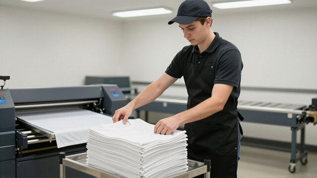 A young worker meticulously folds a stack of newly printed white t-shirts in a modern manufacturing facility. This image highlights the quality control and efficient production process 