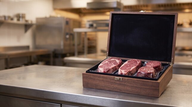 Premium raw beef steaks in a luxury wooden presentation box on a steel table