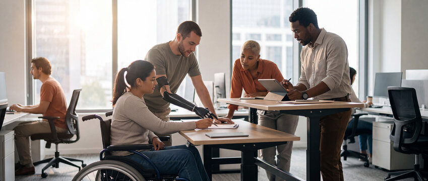Wheelchair user collaborating with diverse colleagues around office desk. Concept of inclusive project teamwork, accessible group collaboration, diverse employee engagement.