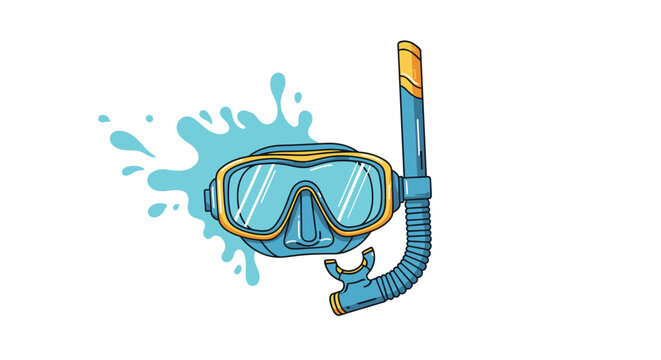 Blue and yellow diving mask with a snorkel and water splashes in the background for summer vacation and swimming.
