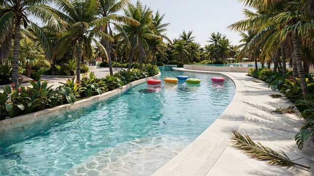 Colorful tubes lined up in a wide lazy river among palm trees