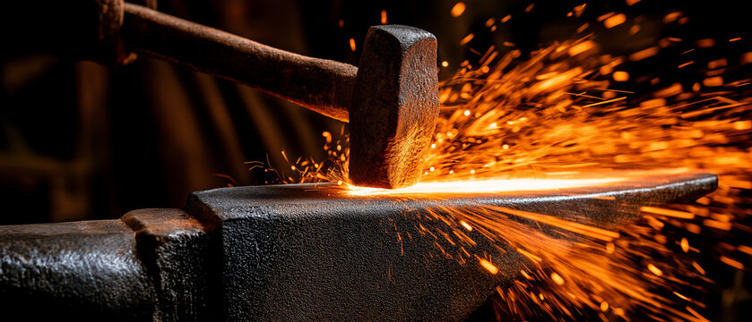 The Forge's Fury: A blacksmith's hammer strikes hot metal on an anvil, sending a shower of bright orange sparks flying in a dramatic display of craftsmanship and power.