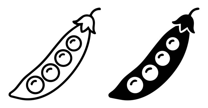 Black and white vector icons of pea pods with four peas inside, outline and filled styles on transparent background