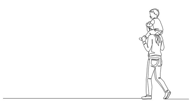 animated continuous line drawing of mother carrying young child on shoulders, line art animation