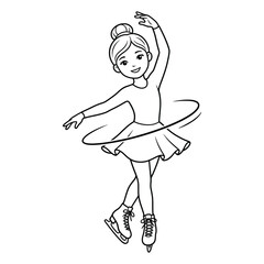 A cute little girl ice skating in a dress line art illustration for coloring book page