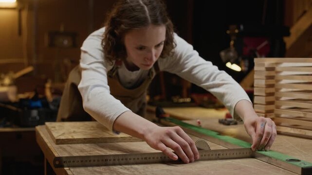 Young adult Caucasian woman carpenter measuring wooden board with metal ruler on workbench in carpentry workshop. Footage ideal for small business marketing and craftsmanship promotions