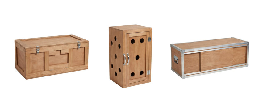 Packaging set featuring three wooden storage crates and flight cases isolated on transparent background