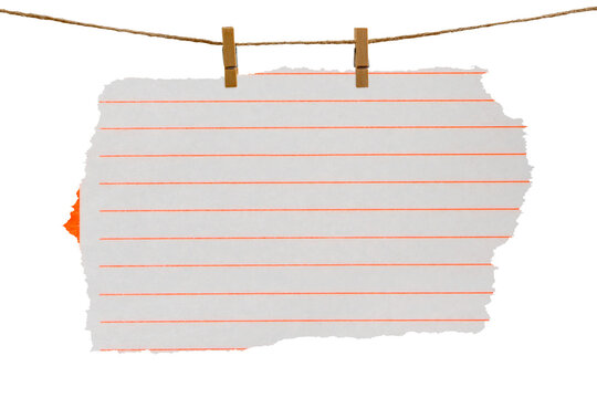 Blank sheet of paper hanging on a clothesline, attached with a wooden clothespin. Isolated transparent PNG..
