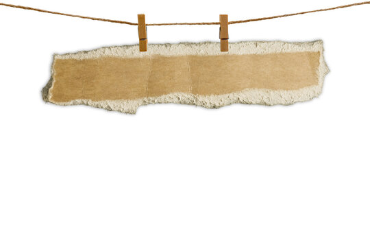 Blank sheet of paper hanging on a clothesline, attached with a wooden clothespin. Isolated transparent PNG..