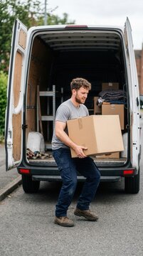 Courier carefully lifting a cardboard parcel from a white delivery van