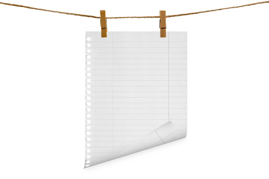 Blank sheet of paper hanging on a clothesline, attached with a wooden clothespin. Isolated transparent PNG..