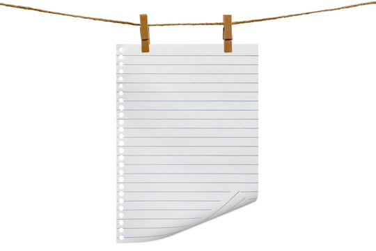 Blank sheet of paper hanging on a clothesline, attached with a wooden clothespin. Isolated transparent PNG..