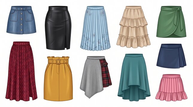 a set of eleven different women skirt illustrations displayed together on a plain white background