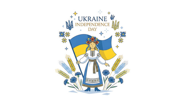 Ukraine Independence Day illustration featuring a girl in vyshyvanka holding a national flag surrounded by wheat and trident symbols