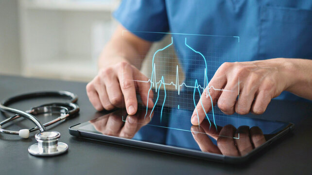 Healthcare technology and innovation a doctor's hand interacting with a digital interface displaying vital signs